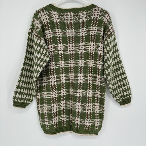 VINTAGE Dana Scott Sweater Womens Small Green Brown Patchwork Knit Made USA 90s - Picture 7 of 8
